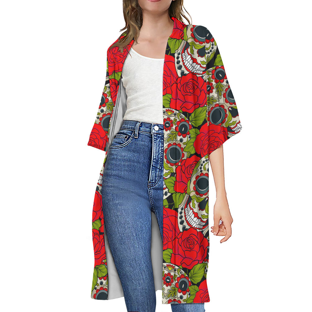 Rose Floral Sugar Skull Pattern Print Open Front Beach Cover Up