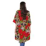 Rose Floral Sugar Skull Pattern Print Open Front Beach Cover Up
