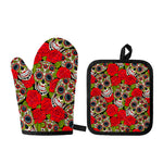 Rose Floral Sugar Skull Pattern Print Oven Mitt And Pot Holder Set