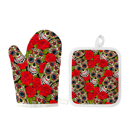 Rose Floral Sugar Skull Pattern Print Oven Mitt And Pot Holder Set