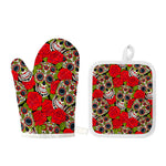 Rose Floral Sugar Skull Pattern Print Oven Mitt And Pot Holder Set