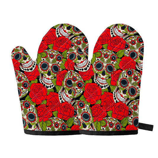 Rose Floral Sugar Skull Pattern Print Oven Mitts