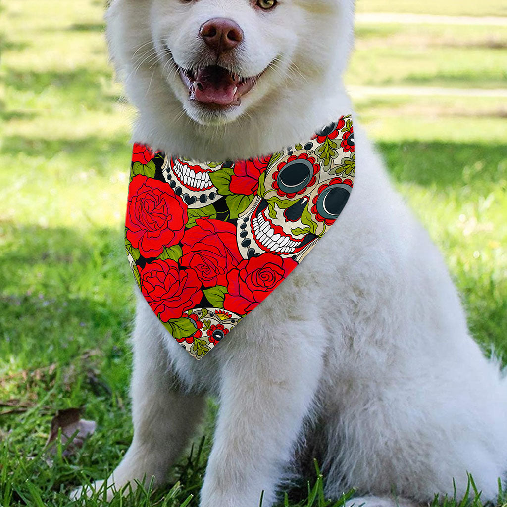 Rose Floral Sugar Skull Pattern Print Over The Collar Dog Bandana