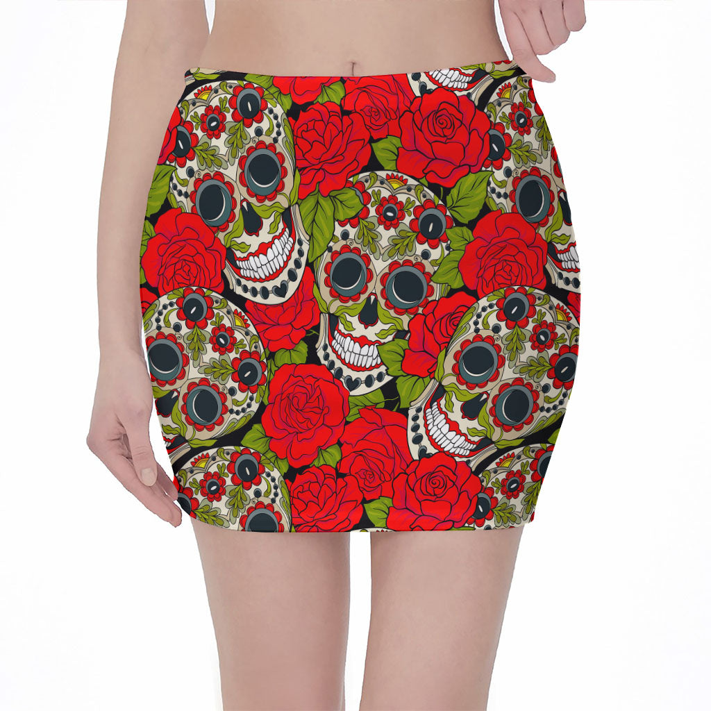 Rose Floral Sugar Skull Pattern Print Pencil Mini Skirt