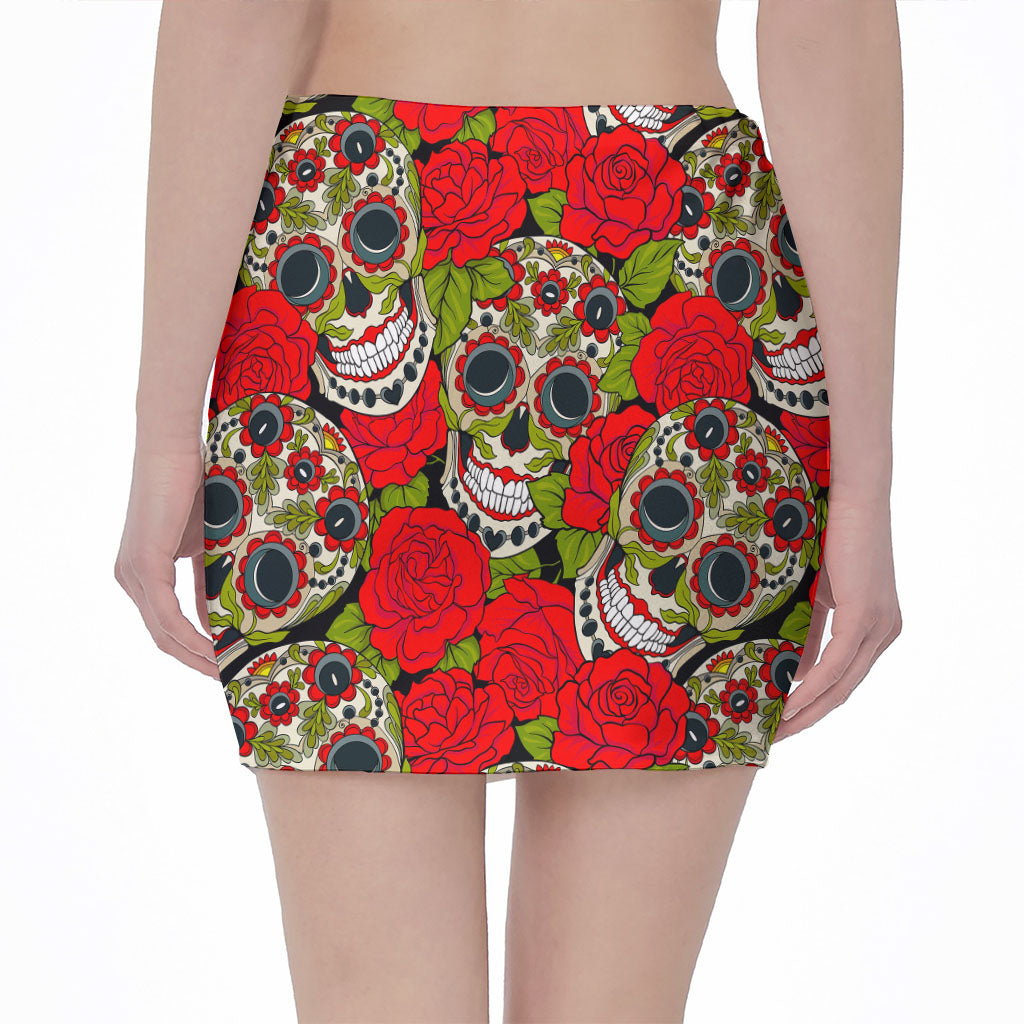 Rose Floral Sugar Skull Pattern Print Pencil Mini Skirt