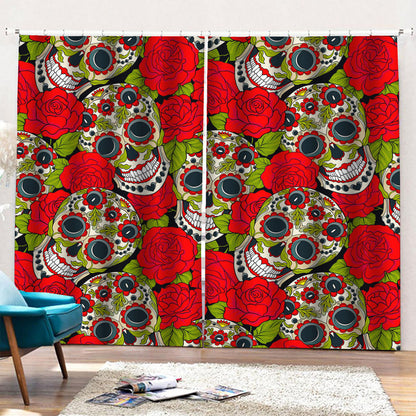 Rose Floral Sugar Skull Pattern Print Pencil Pleat Curtains