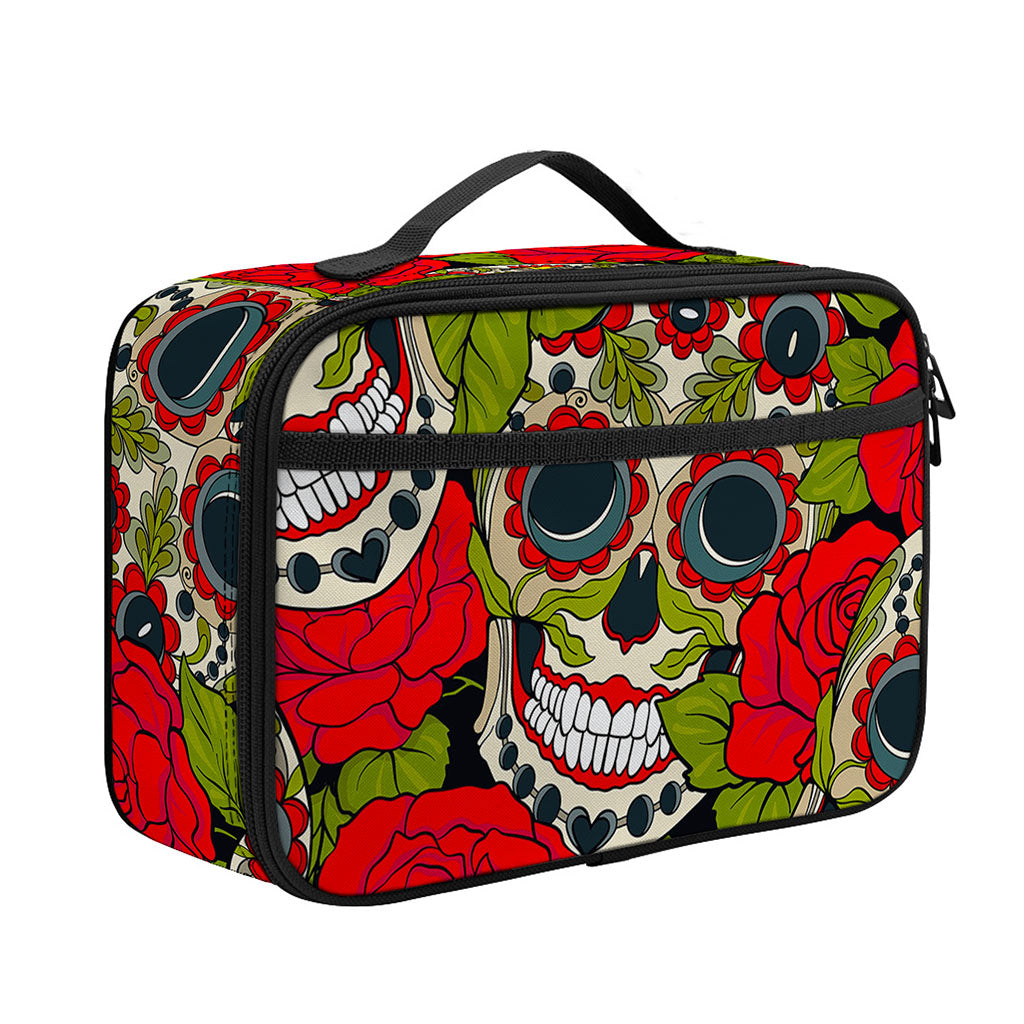 Rose Floral Sugar Skull Pattern Print Portable Lunch Bag