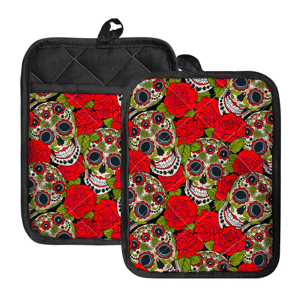 Rose Floral Sugar Skull Pattern Print Pot Holders With Pocket