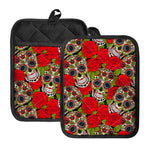 Rose Floral Sugar Skull Pattern Print Pot Holders With Pocket