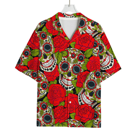 Rose Floral Sugar Skull Pattern Print Rayon Hawaiian Shirt