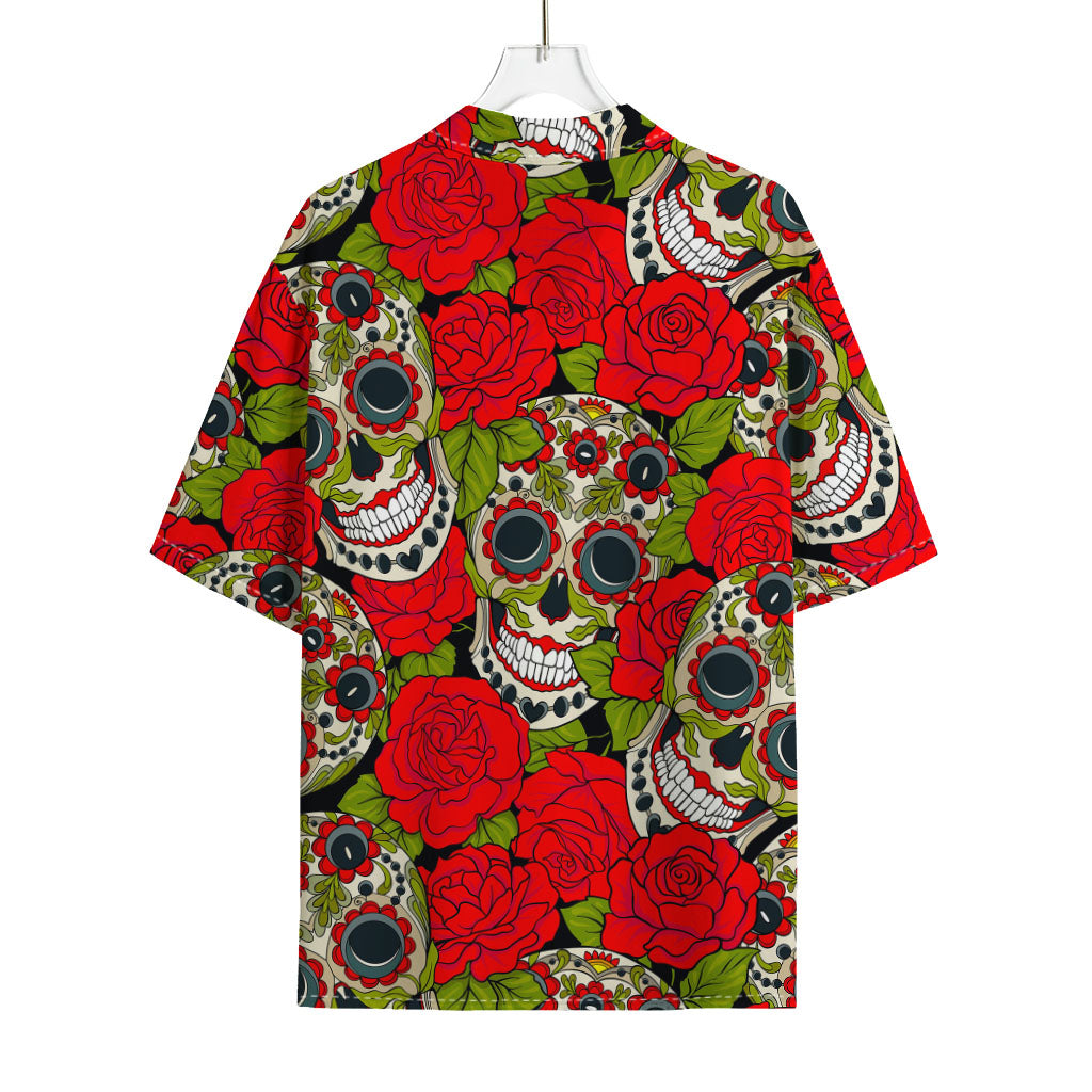 Rose Floral Sugar Skull Pattern Print Rayon Hawaiian Shirt