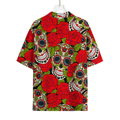 Rose Floral Sugar Skull Pattern Print Rayon Hawaiian Shirt