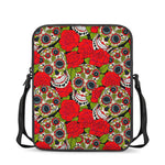 Rose Floral Sugar Skull Pattern Print Rectangular Crossbody Bag
