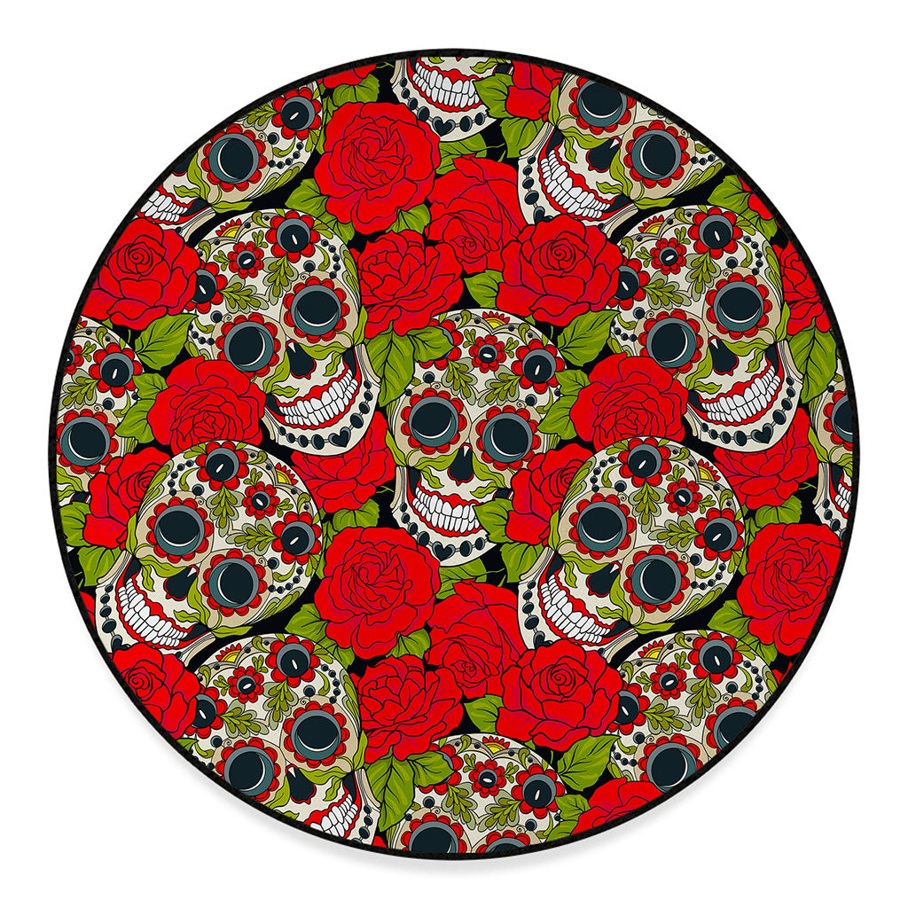 Rose Floral Sugar Skull Pattern Print Round Floor Mat