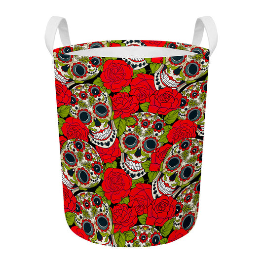Rose Floral Sugar Skull Pattern Print Round Laundry Basket
