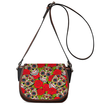 Rose Floral Sugar Skull Pattern Print Saddle Bag
