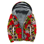 Rose Floral Sugar Skull Pattern Print Sherpa Lined Zip Up Hoodie
