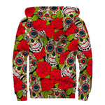 Rose Floral Sugar Skull Pattern Print Sherpa Lined Zip Up Hoodie