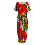 Rose Floral Sugar Skull Pattern Print Short Sleeve Long Nightdress