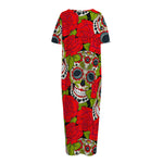 Rose Floral Sugar Skull Pattern Print Short Sleeve Long Nightdress