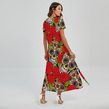 Rose Floral Sugar Skull Pattern Print Short Sleeve Maxi Dress