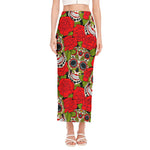 Rose Floral Sugar Skull Pattern Print Side Slit Maxi Skirt