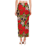 Rose Floral Sugar Skull Pattern Print Side Slit Maxi Skirt