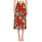 Rose Floral Sugar Skull Pattern Print Side Slit Midi Skirt