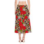 Rose Floral Sugar Skull Pattern Print Side Slit Midi Skirt