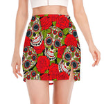 Rose Floral Sugar Skull Pattern Print Side Slit Mini Skirt