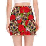 Rose Floral Sugar Skull Pattern Print Side Slit Mini Skirt