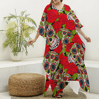 Rose Floral Sugar Skull Pattern Print Silk V-Neck Kaftan Dress