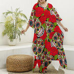 Rose Floral Sugar Skull Pattern Print Silk V-Neck Kaftan Dress