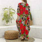 Rose Floral Sugar Skull Pattern Print Silk V-Neck Kaftan Dress