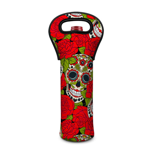 Rose Floral Sugar Skull Pattern Print Single Neoprene Wine Tote