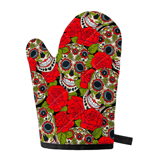 Rose Floral Sugar Skull Pattern Print Single Oven Mitt