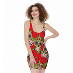 Rose Floral Sugar Skull Pattern Print Sleeveless Bodycon Dress