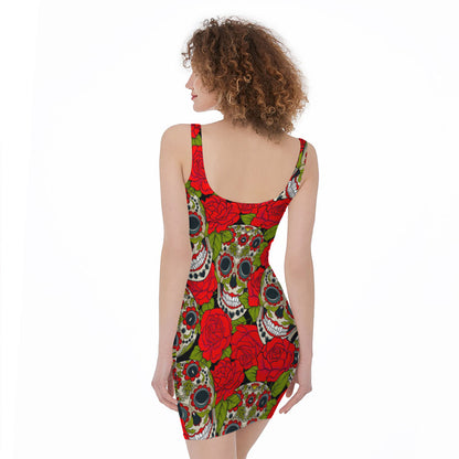 Rose Floral Sugar Skull Pattern Print Sleeveless Bodycon Dress