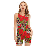 Rose Floral Sugar Skull Pattern Print Sleeveless One Piece Swimsuit