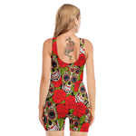Rose Floral Sugar Skull Pattern Print Sleeveless One Piece Swimsuit