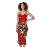 Rose Floral Sugar Skull Pattern Print Slim Fit Midi Cami Dress