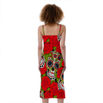 Rose Floral Sugar Skull Pattern Print Slim Fit Midi Cami Dress