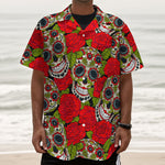 Rose Floral Sugar Skull Pattern Print Textured Short Sleeve Shirt