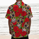 Rose Floral Sugar Skull Pattern Print Textured Short Sleeve Shirt