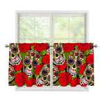 Rose Floral Sugar Skull Pattern Print Tier Curtains