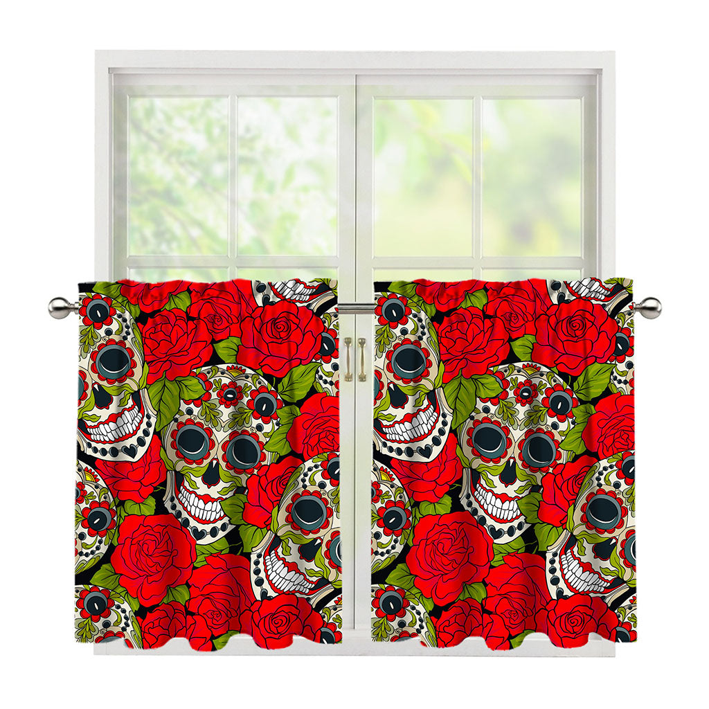 Rose Floral Sugar Skull Pattern Print Tier Curtains
