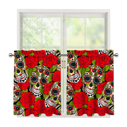 Rose Floral Sugar Skull Pattern Print Tier Curtains