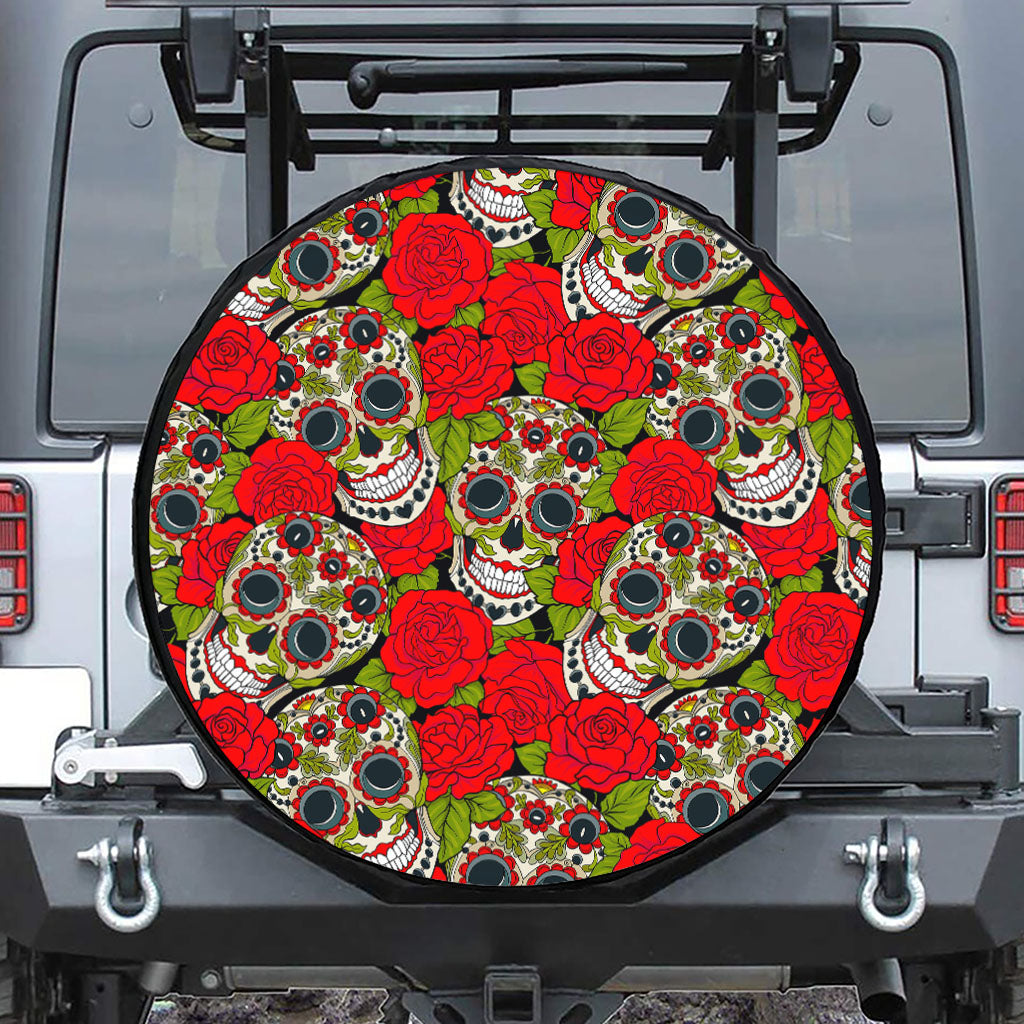 Rose Floral Sugar Skull Pattern Print Tire Cover