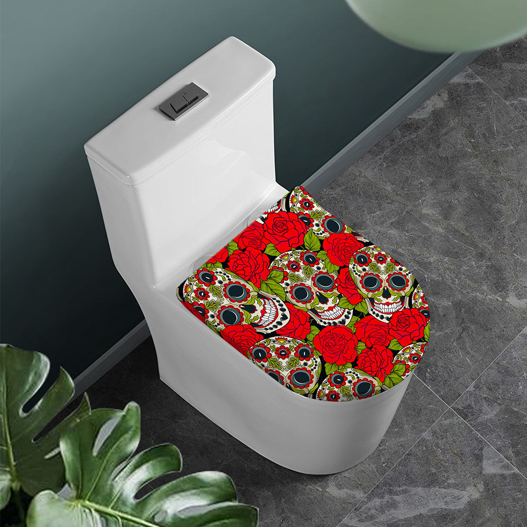 Rose Floral Sugar Skull Pattern Print Toilet Lid Cover