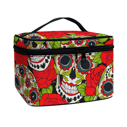 Rose Floral Sugar Skull Pattern Print Travel Makeup Bag